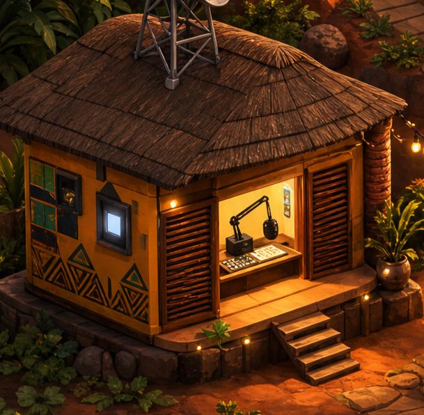 A thatched radio hut with a broadcast antenna and a lit recording desk