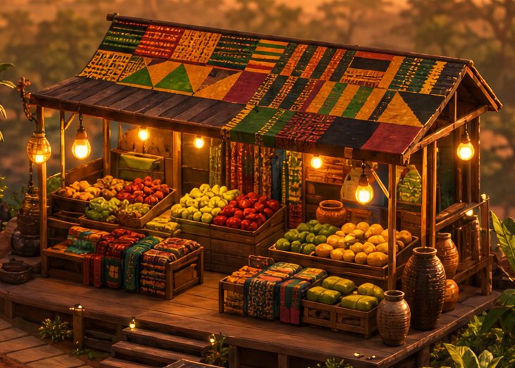A market stall with a kente-patterned roof, stacked fruit and fabrics under warm lamps