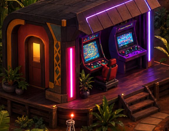 A small neon-lit arcade with two glowing game cabinets