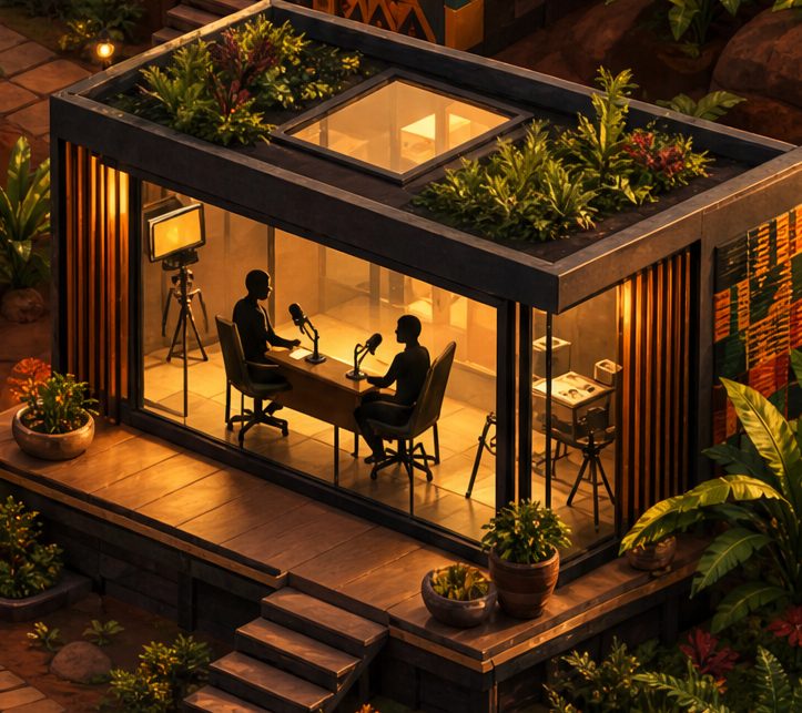 A glass creator studio where two identical figures sit facing each other