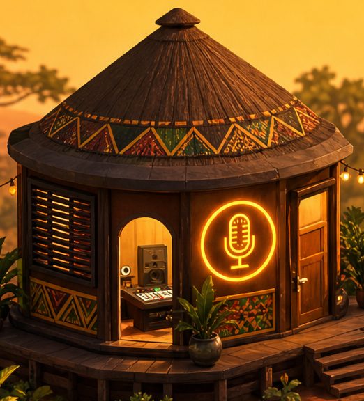 A round recording hut with a glowing neon microphone sign over the door