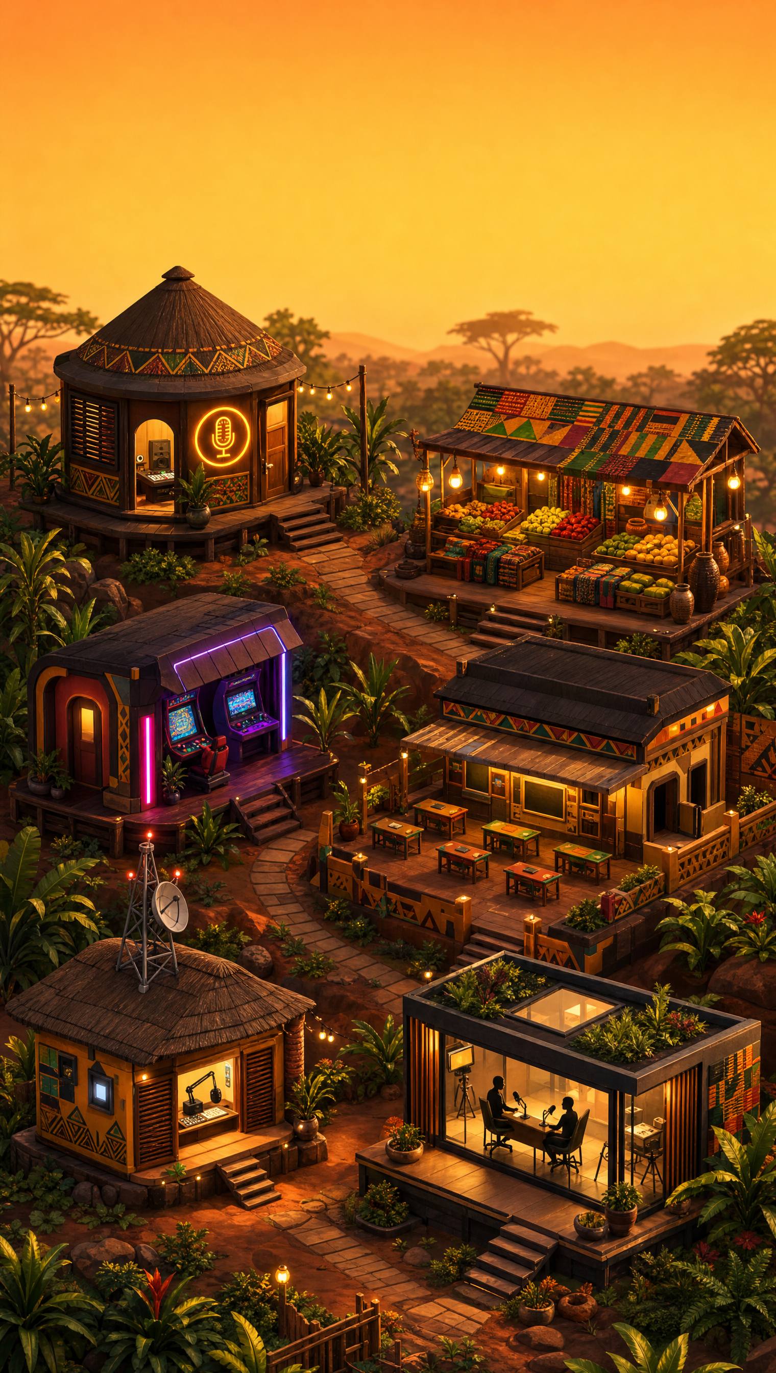 Isometric illustration of the Sankofa compound at golden hour: a recording hut, market stall, game arcade, school, radio hut and a glass twin studio connected by paths